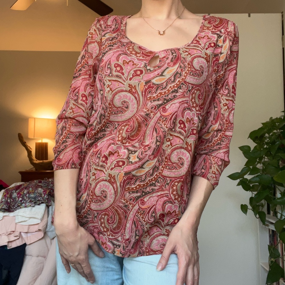 Villager by Liz Claiborne, Pink and Red Paisley 3/4 Sleeve Blouse